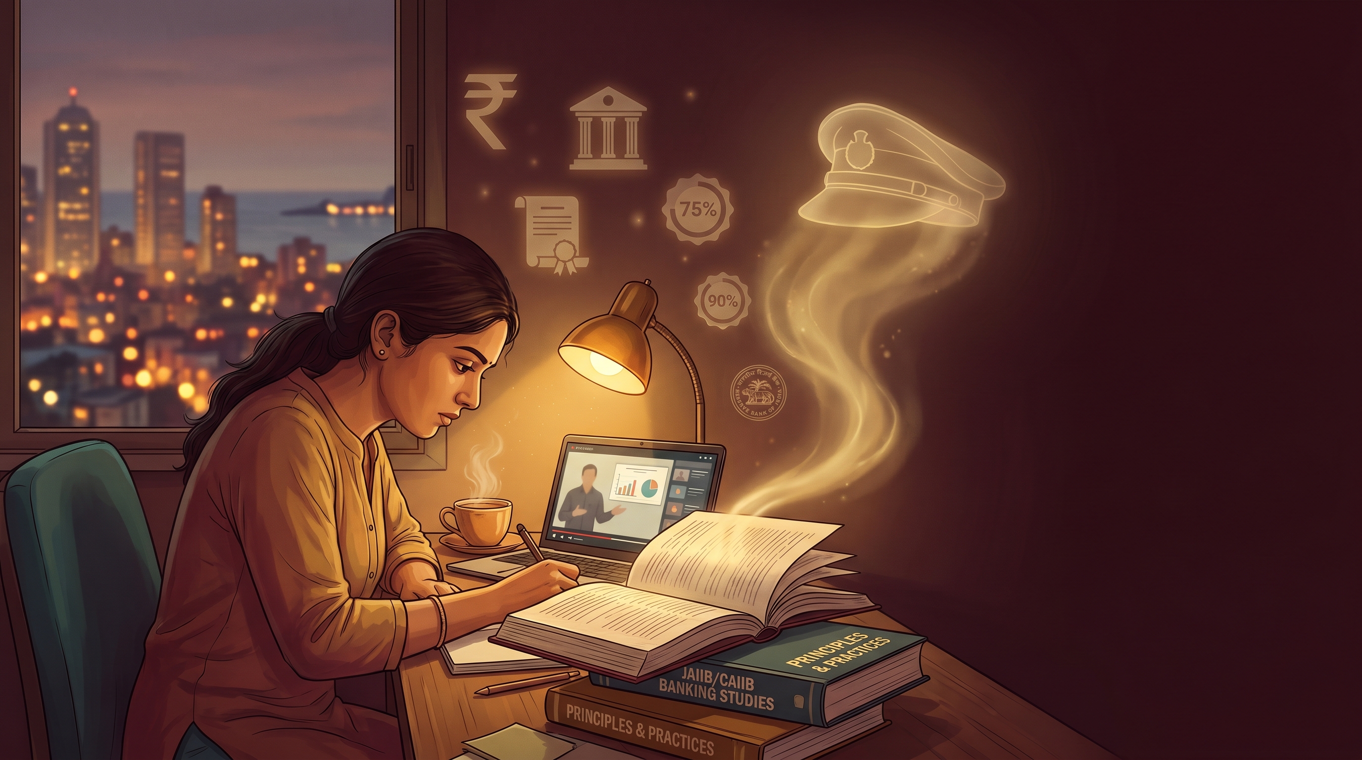 Indian banking aspirant studying late at night for JAIIB, CAIIB and IIBF certifications on iibf.store