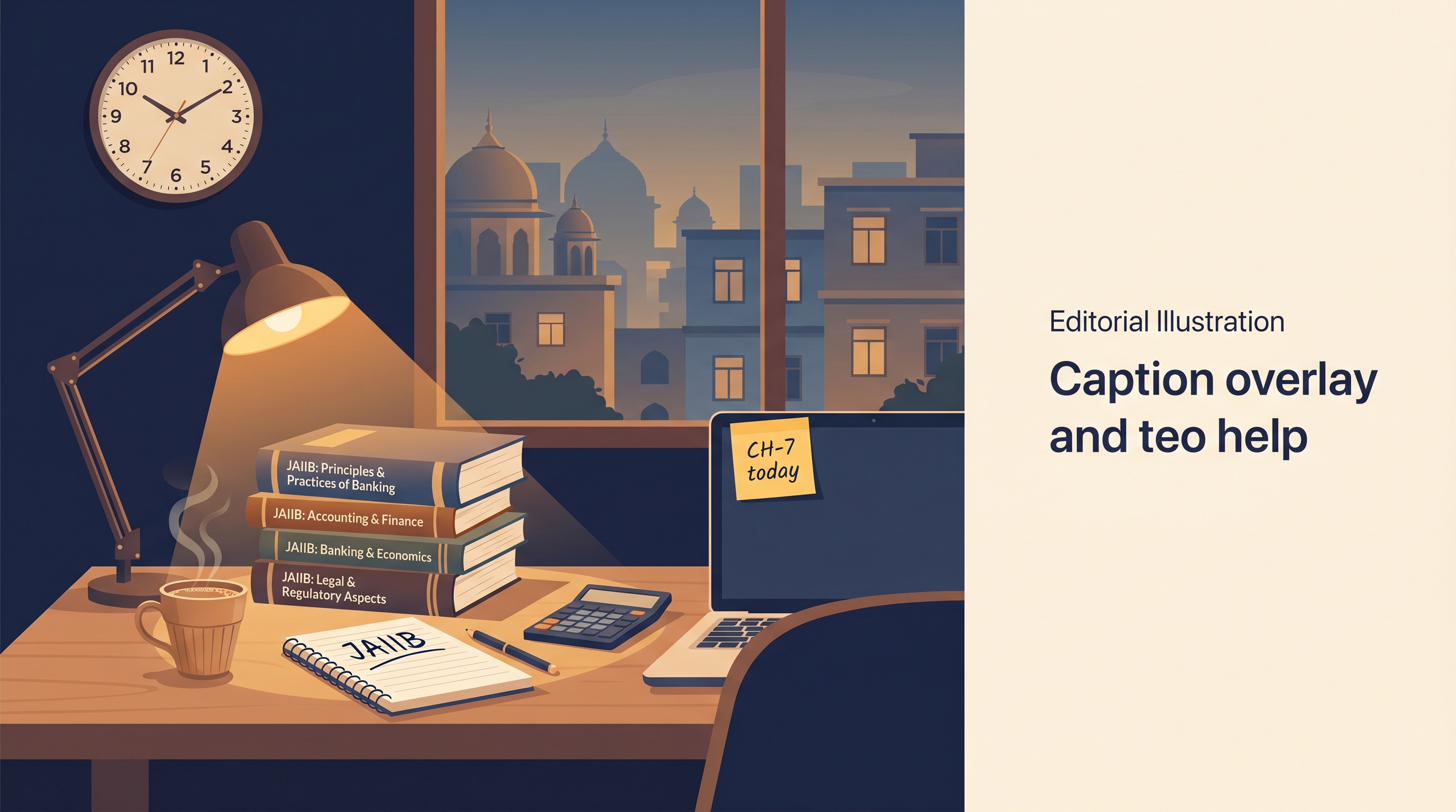 A working banker's home study corner — JAIIB chapter books, calculator, chai, lamp-lit notes