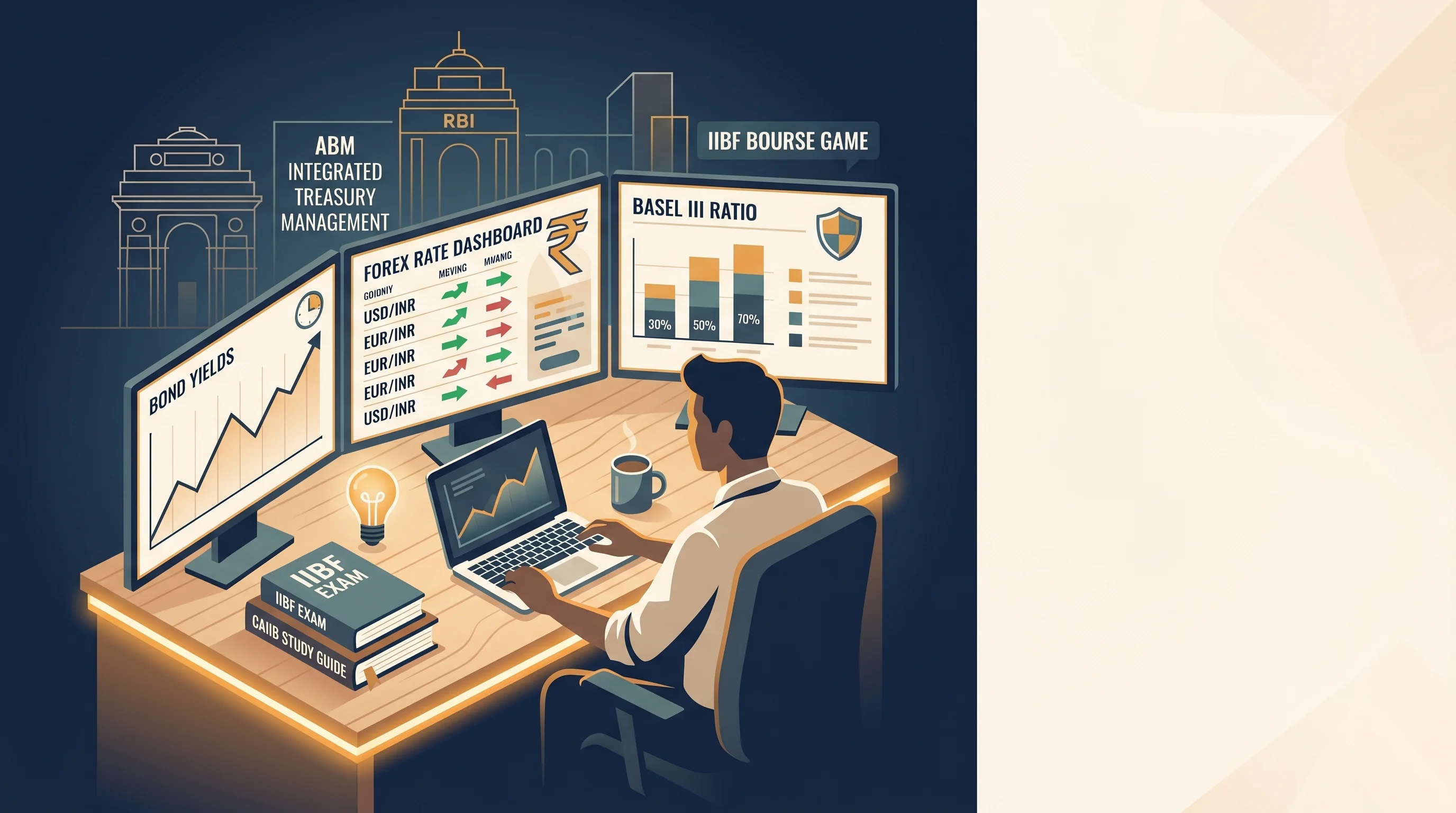 A trader's desk with multiple screens showing live forex rates, bond yields, and Basel III ratio dashboards—representing the ABM integrated treasury management environment during the IIBF Bourse Game.