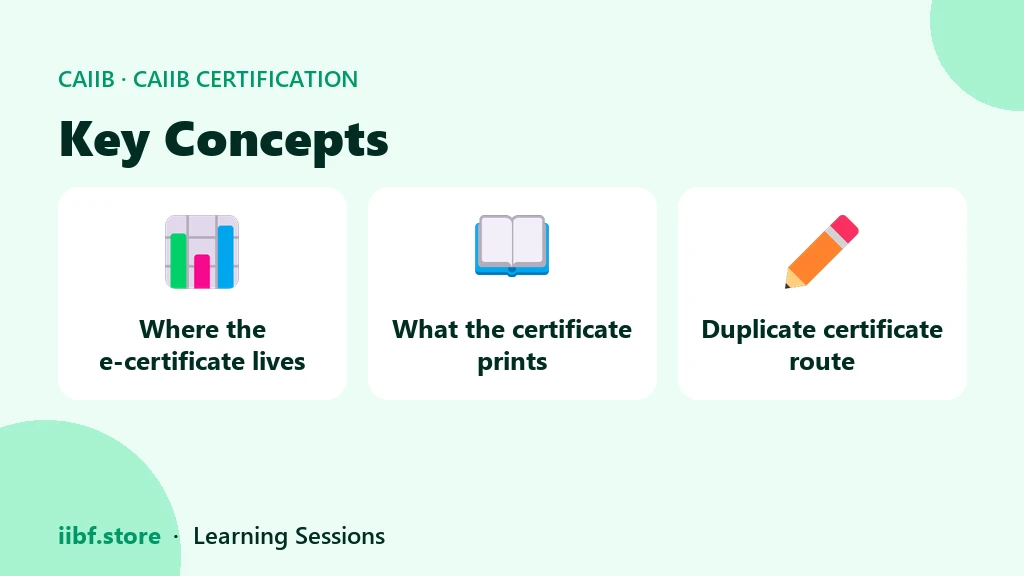 Three cards explaining where the IIBF e-certificate lives, what it prints and how duplicates work