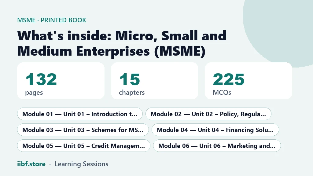 What is inside the MSME printed book: 132 pages, 15 chapters, 225 MCQs