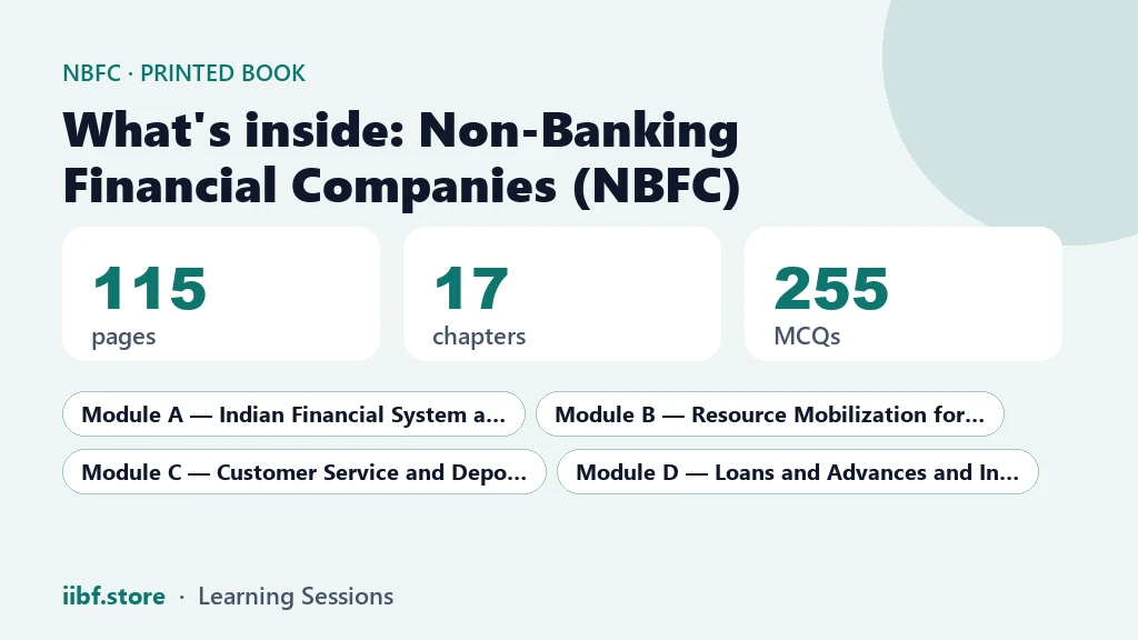 What is inside the NBFC printed book: pages, chapters, MCQs and modules