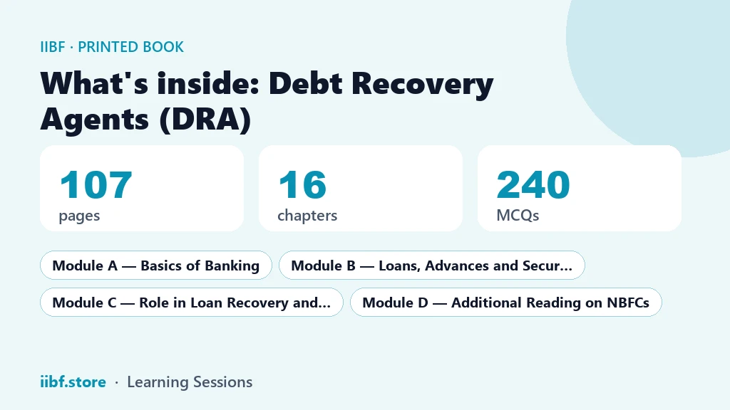 What is inside the Debt Recovery Agents book: 107 pages, 16 chapters, 240 MCQs, 4 modules