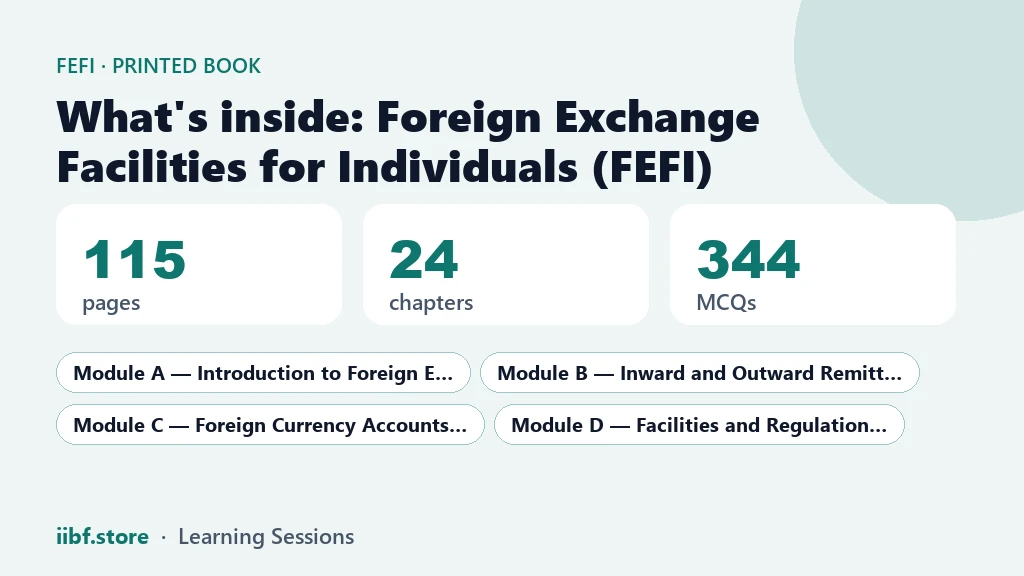 What is inside the FEFI printed book: 115 pages, 24 chapters, 344 MCQs, four modules