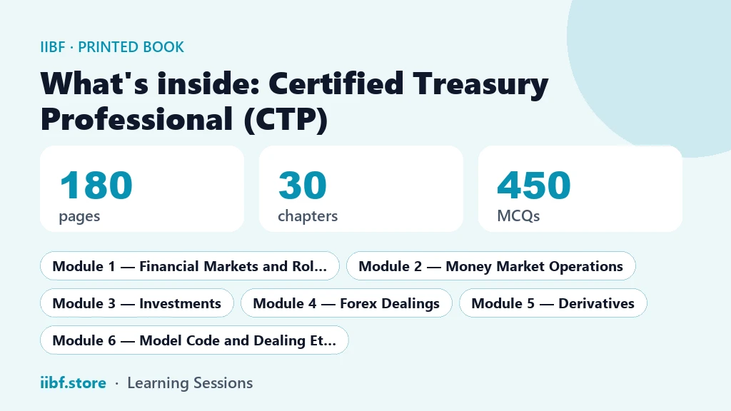 What is inside the Certified Treasury Professional printed book: 180 pages, 30 chapters, 450 MCQs, 7 modules