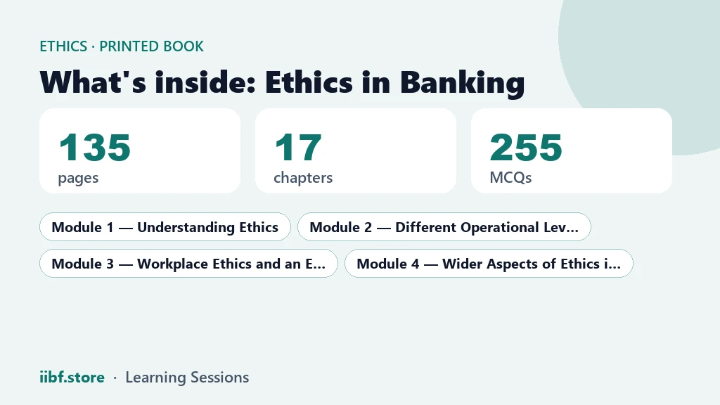 What is inside the Ethics in Banking book: 135 pages, 17 chapters, 255 MCQs, 4 modules