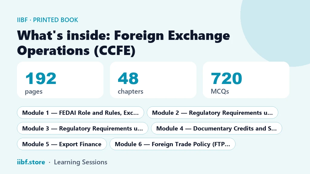 What is inside the Foreign Exchange Operations (CCFE) book: 192 pages, 48 chapters, 720 MCQs, 6 modules
