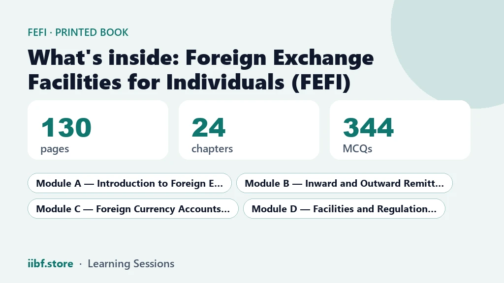 What is inside the FEFI book: 130 pages, 24 chapters, 344 MCQs across 4 modules