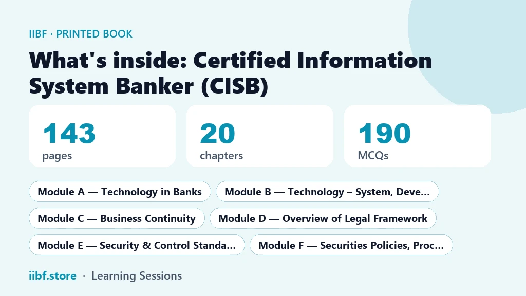 What is inside the CISB book: 143 pages, 20 chapters, 190 MCQs across Modules A to H