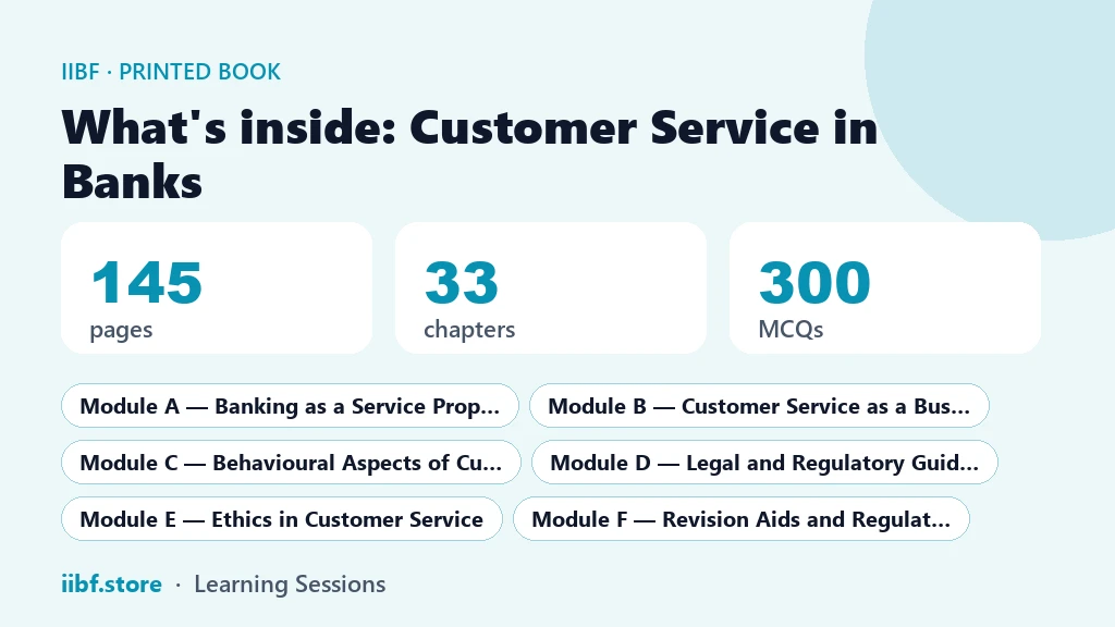 What is inside the Customer Service in Banks book: pages, chapters, MCQs and modules