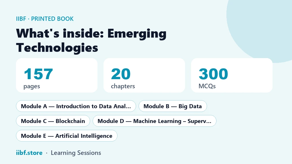 What is inside the Emerging Technologies book: 157 pages, 20 chapters, 300 MCQs and 5 modules